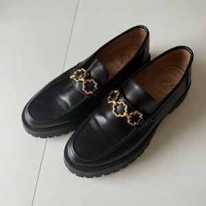 Sam And Libby Chunky Platform Black Loafers Gold Clover Chain Accent‎ Size 9 Wo